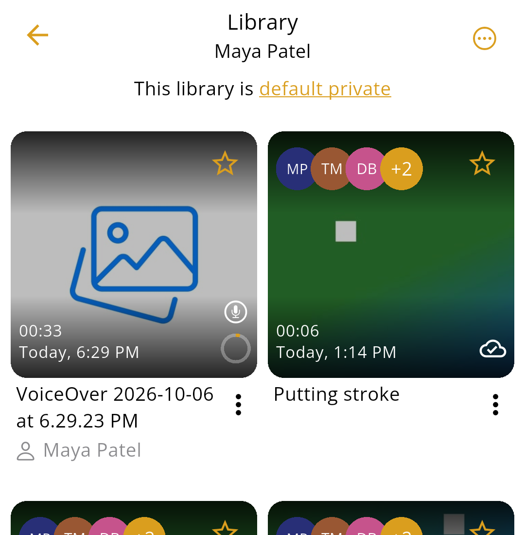 Library with two videos: a new Voice-over with an upload ring, still uploading, and an older video with a cloud and check mark, already uploaded.